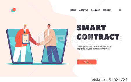 Smart Contract Landing Page Template. with Business Men Handshake Coming Out Of Huge Mobile Phones Vector Illustration Smart Contract Landing Page Template. with Business Men Handshake Coming Out Of Huge Mobile Phones Vector Illustration 95585781