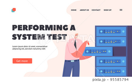 System Administrator Testing Equipment Landing Page Template. Sysadmin Servicing Server Racks or Repair Appliance 95585794