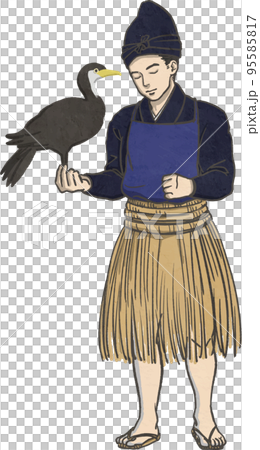 一隻手拿著鸕鶿的鸕鶿漁夫的插圖素材 95585817