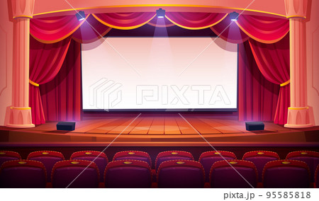 Movie theater with white screen, curtains, seats 95585818