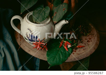 Broken porcelain tea kettle decorated with flowers to show the concept of healing, mental health and resilience Broken porcelain tea kettle decorated with flowers to show the concept of healing, mental health and resilience 95586267