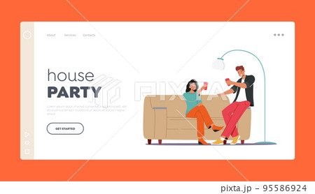 Home Party Landing Page Template. Young Couple Man and Woman Holding Glasses Sit on Couch, Celebrating Holiday Home Party Landing Page Template. Young Couple Man and Woman Holding Glasses Sit on Couch, Celebrating Holiday 95586924