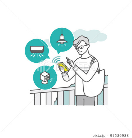 スマートホーム：外出先から家の様々な家電を操作する若い男性 95586988