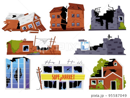 Set of destroyed buildings, different houses and supermarket flat style 95587049