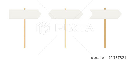 Signboard with wooden pole. Direction sign post with arrow. Street road boards. Realistic signpost to choose road or street. Vector illustration isolated on white background Signboard with wooden pole. Direction sign post with arrow. Street road boards. Realistic signpost to choose road or street. Vector illustration isolated on white background 95587321