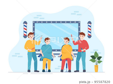 Barber Shop for Male or Female Clients Haircut with Mirrors, Desk and Hair Cutting Equipment in Flat Cartoon Hand Drawn Templates Illustration Barber Shop for Male or Female Clients Haircut with Mirrors, Desk and Hair Cutting Equipment in Flat Cartoon Hand Drawn Templates Illustration 95587820