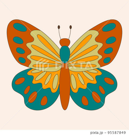 Retro 60s 70s hippie groovy butterfly for cards, stickers or poster design. Flat vector illustration 95587849