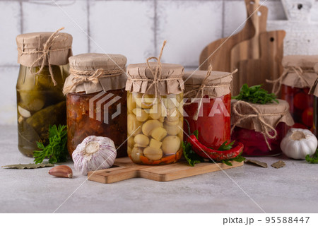 Pickled vegetables in glass jars. Pickled vegetables in glass jars. 95588447