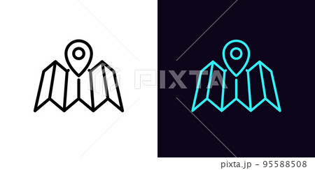 Outline map icon, with editable stroke. Linear map with pin marker, map pointer pictogram. Navigation landmark 95588508