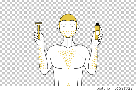体毛が濃くて悩んでいる男性の線画、除毛クリームと剃刀を持つポーズ 95588728