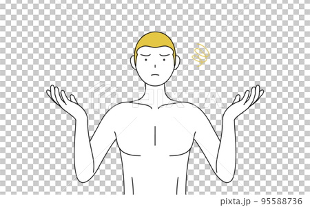 脱毛した男性の線画、両手を広げて困るポーズ 脱毛した男性の線画、両手を広げて困るポーズ 95588736