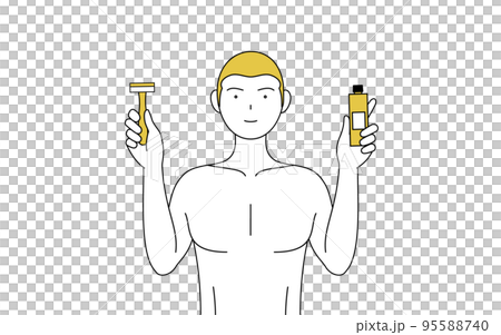 脱毛した男性の線画、除毛クリームと剃刀を持つポーズ 95588740