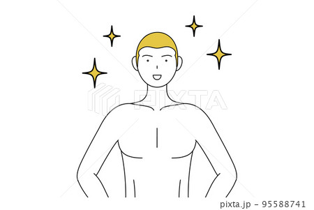 脱毛した男性の線画、腰に手を当てて胸を張るポーズ 95588741