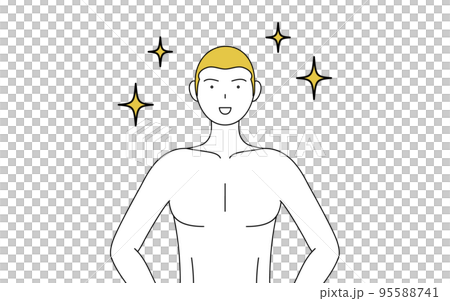 脱毛した男性の線画、腰に手を当てて胸を張るポーズ 95588741