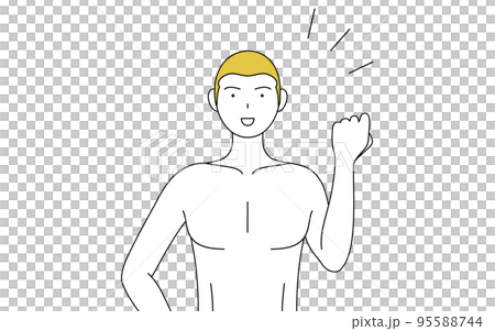 脱毛した男性の線画、拳を上げる励ましのポーズ 95588744