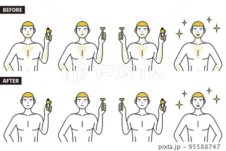 体毛が濃くて悩んでいる男性の線画ポーズセット、自己処理の除毛クリームやかみそりを持つポーズ 95588747