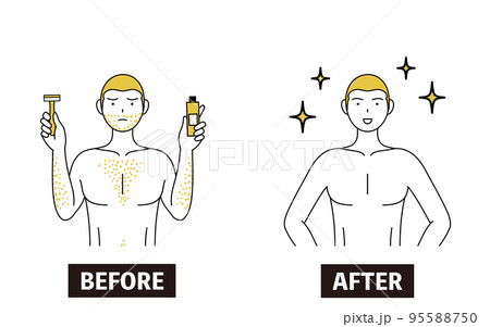 ムダ毛処理のイメージ、体毛が濃くて悩んでいる男性が毛を剃ったり除毛クリームで処理して自信満々になるビ ムダ毛処理のイメージ、体毛が濃くて悩んでいる男性が毛を剃ったり除毛クリームで処理して自信満々になるビ 95588750