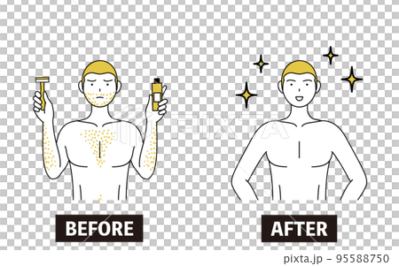 The image of unwanted hair removal, the image of a man suffering from thick body hair shaving his hair or treating it with a depilatory cream to become full of confidence. 95588750