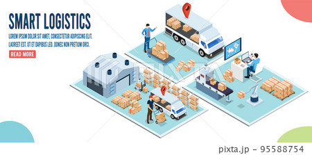 3D isometric Smart logistics concept with Warehouse Logistic, Workers loading products, transportation truck use wireless technoloty. Eps10 vector illustration 95588754
