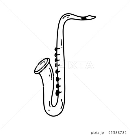 Doodle saxophone. Vector sketch illustration of musical instrument, black outline art for web design, icon, print, coloring page Doodle saxophone. Vector sketch illustration of musical instrument, black outline art for web design, icon, print, coloring page 95588782