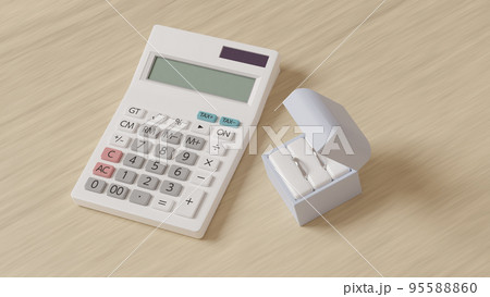平面上に置かれた2つの結婚指輪を収めたケースと白い電卓の3Dレンダリングイラスト 平面上に置かれた2つの結婚指輪を収めたケースと白い電卓の3Dレンダリングイラスト 95588860
