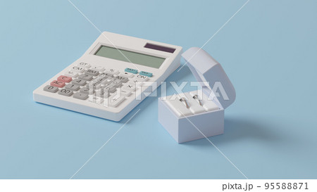 平面上に置かれた2つの結婚指輪を収めたケースと白い電卓の3Dレンダリングイラスト 95588871