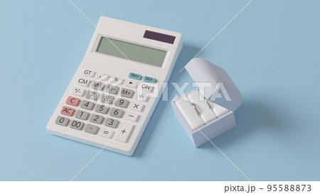 平面上に置かれた2つの結婚指輪を収めたケースと白い電卓の3Dレンダリングイラスト 平面上に置かれた2つの結婚指輪を収めたケースと白い電卓の3Dレンダリングイラスト 95588873
