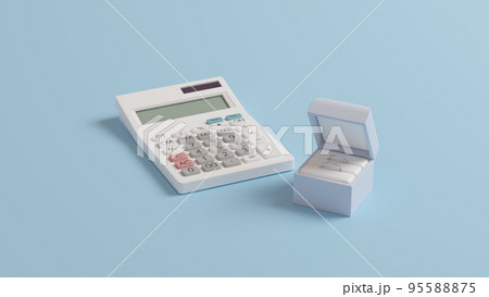 平面上に置かれた2つの結婚指輪を収めたケースと白い電卓の3Dレンダリングイラスト 95588875