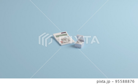 平面上に置かれた2つの結婚指輪を収めたケースと白い電卓の3Dレンダリングイラスト 平面上に置かれた2つの結婚指輪を収めたケースと白い電卓の3Dレンダリングイラスト 95588876