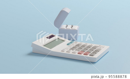 平面上に置かれた2つの結婚指輪を収めたケースと白い電卓の3Dレンダリングイラスト 95588878