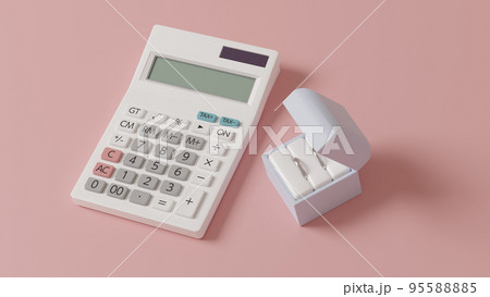 平面上に置かれた2つの結婚指輪を収めたケースと白い電卓の3Dレンダリングイラスト 平面上に置かれた2つの結婚指輪を収めたケースと白い電卓の3Dレンダリングイラスト 95588885