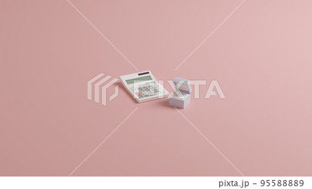 平面上に置かれた2つの結婚指輪を収めたケースと白い電卓の3Dレンダリングイラスト 平面上に置かれた2つの結婚指輪を収めたケースと白い電卓の3Dレンダリングイラスト 95588889