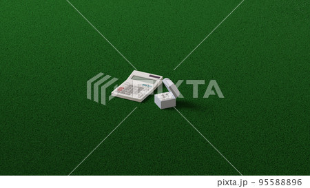 平面上に置かれた2つの結婚指輪を収めたケースと白い電卓の3Dレンダリングイラスト 平面上に置かれた2つの結婚指輪を収めたケースと白い電卓の3Dレンダリングイラスト 95588896
