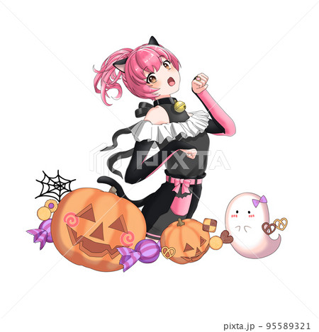 黒猫のコスプレをしたピンク担当ポニーテールの女の子のイラスト素材