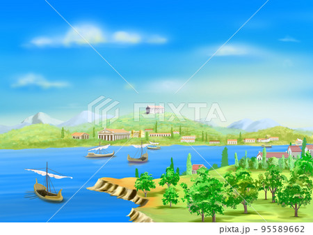 Ancient city by the sea illustration 95589662