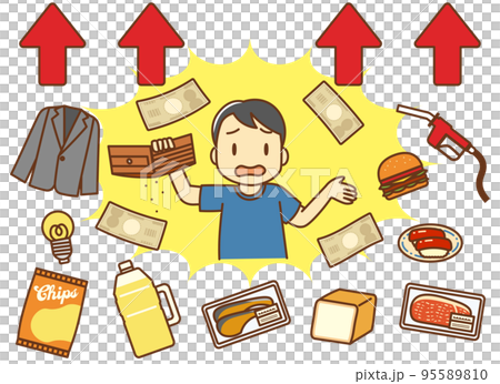 食料品・燃料・生活用品すべてが値上がりして呆然とする消費者 食料品・燃料・生活用品すべてが値上がりして呆然とする消費者 95589810