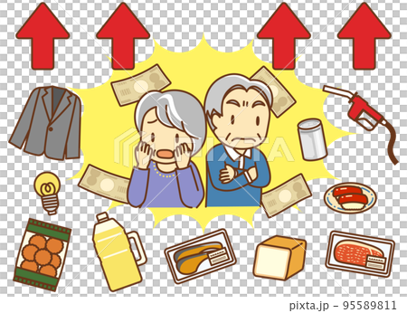 食料品・燃料・生活用品すべてが値上がりして呆然とする二人の高齢者 95589811