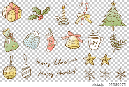 クリスマスのイラストセット 手描き カラー クリスマスのイラストセット 手描き カラー 95589975