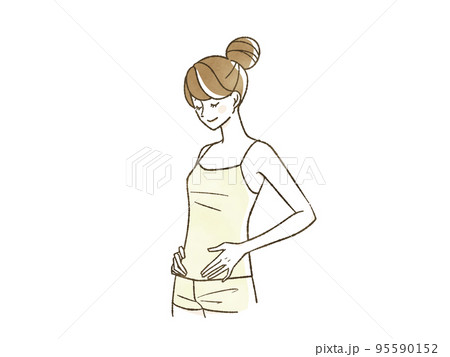 お腹を触っている笑顔の女性 95590152