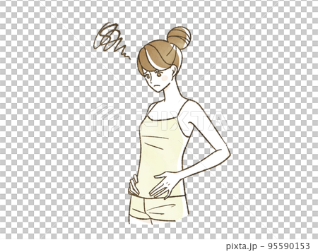 困った表情でお腹を触っている女性 95590153