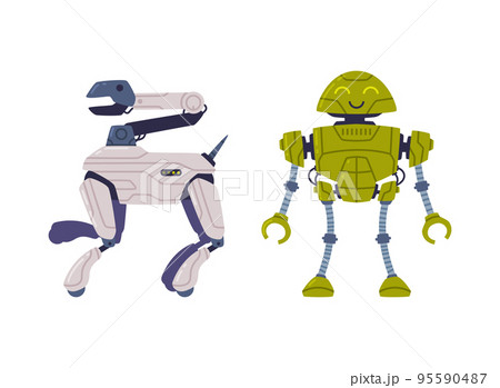 Metal Robot Machine with Limbs for Labor Automation Vector Set 95590487