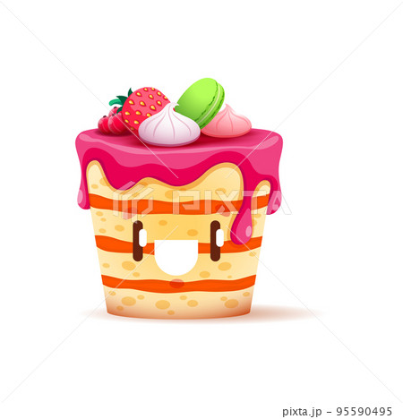Cartoon pie character, cute fruit cake vector personage of sweet food. Bakery and pastry dessert with funny face, happy berry tart emoji, decorated with fresh strawberry, macarons and marshmallows Cartoon pie character, cute fruit cake vector personage of sweet food. Bakery and pastry dessert with funny face, happy berry tart emoji, decorated with fresh strawberry, macarons and marshmallows 95590495
