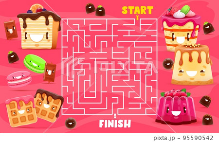 Labyrinth maze. Cartoon sweets, dessert and cake characters. Kids find way riddle, children maze puzzle vector worksheet with cheerful waffle, maracon and chocolate candy, cheesecake, pudding, cookie 95590542