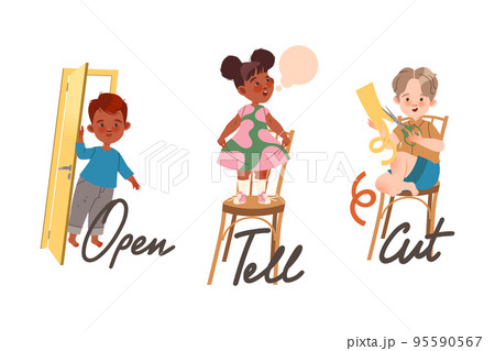 Little Boy and Girl Opening Door, Telling Poem and Cutting Paper as Verb Expressing Action for Kids Education Vector Set Little Boy and Girl Opening Door, Telling Poem and Cutting Paper as Verb Expressing Action for Kids Education Vector Set 95590567