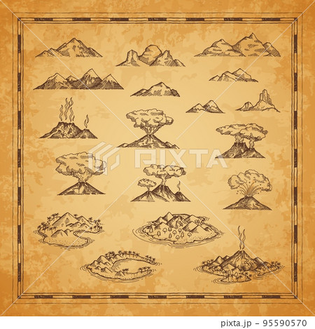Vintage map islands, mountains and volcanoes sketches. Antique cartography vector elements of hand drawn fantasy islands surrounded by water, mountain peaks, erupted volcanoes with magma and smoke 95590570
