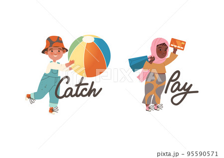 Little Boy and Girl Catching Ball and Paying with Credit Card as Verb Expressing Action for Kids Education Vector Set 95590571