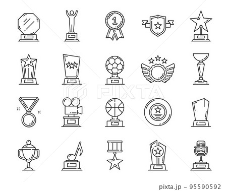 Line award trophy icons, cups and winner prize goblets, vector best first place symbols. Award cups and trophy goblet icons of sport game champion, number one medals in music or cinematography 95590592