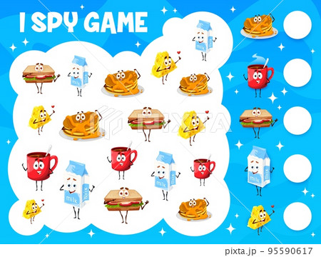 I spy game. Breakfast food, snack and dairy cartoon characters. Child counting puzzle, kids object finding and calculation game vector worksheet with sandwich, milk pack and cheese, pancake, coffee I spy game. Breakfast food, snack and dairy cartoon characters. Child counting puzzle, kids object finding and calculation game vector worksheet with sandwich, milk pack and cheese, pancake, coffee 95590617