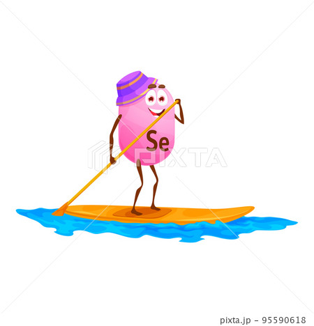 Cartoon selenium micronutrient character on SUP board. Vector funny sportsman on board with paddle on water waves. Vitamin personage watersport recreation, summer vacation 95590618