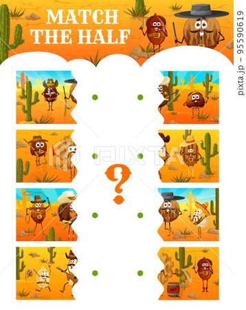 Wild West. Match the half of cartoon cowboy, bandit and ranger nut characters. Matching quiz vector worksheet, kids game with western cowboy hazelnut, coffee bean, walnut and cashew nut personages Wild West. Match the half of cartoon cowboy, bandit and ranger nut characters. Matching quiz vector worksheet, kids game with western cowboy hazelnut, coffee bean, walnut and cashew nut personages 95590619